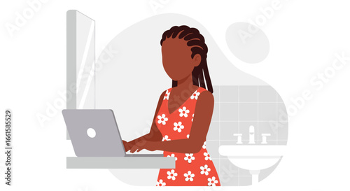Woman in a red floral dress focused on her laptop, working remotely from a home setting. Represents modern productivity, online learning, and flexible work-life balance.