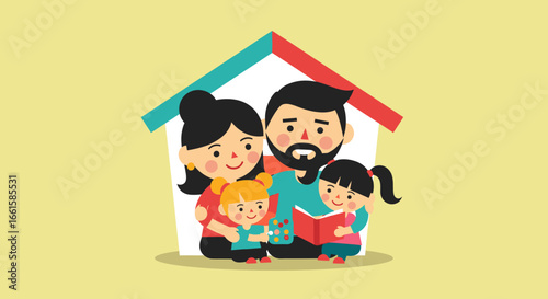 Happy family of four enjoying time together in their home, ideal for concepts of security, love, education, and family well-being.