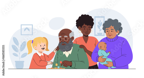 Joyful multi-generational family portrait, illustrating love, support, and connection across generations at home. Perfect for family life, care, and aging concepts.