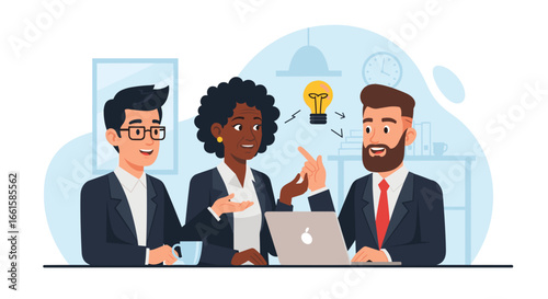 Diverse business team collaborating on new ideas in an office meeting. Brainstorming session for innovation, fostering teamwork and success.