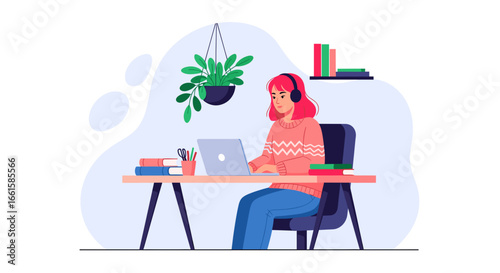Young woman with headphones working on laptop at a desk with books and plant. Represents remote work, online learning, productivity, or freelance lifestyle.