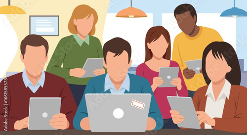 Diverse professionals collaborate in a modern office, utilizing laptops and tablets for business, learning, and digital communication.