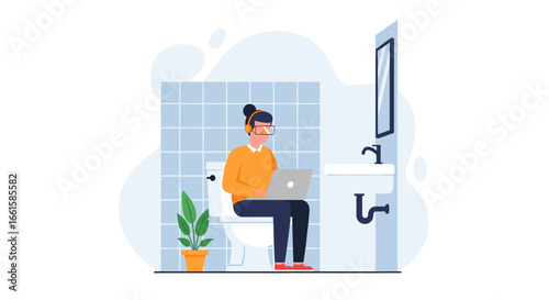 Person with headphones and laptop working in a bathroom, illustrating remote work, flexible environments, and the humorous challenges of work-life balance.