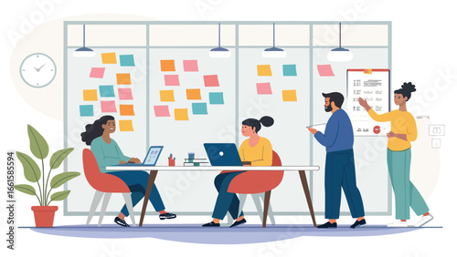 Diverse team actively collaborating in a modern office, brainstorming ideas on a whiteboard. Illustrates business strategy, project management, and productive teamwork.