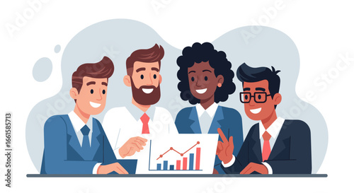 Diverse business team collaborating in a meeting, analyzing financial data and growth charts. Represents teamwork, strategy, success, and professional partnership.