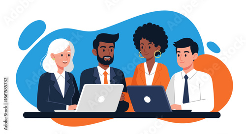 Multicultural business professionals working with laptops, symbolizing teamwork, innovation, and global collaboration in a corporate setting.