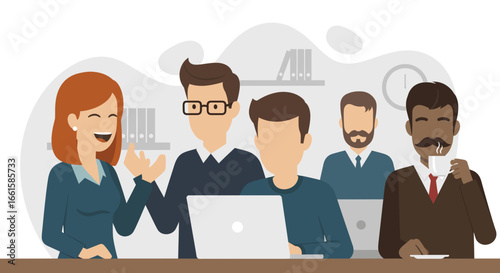 Diverse business team collaborating and interacting positively in a modern office environment. Ideal for showcasing teamwork, communication, and professional development.