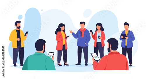 Diverse business team collaborating and analyzing data on mobile devices. Represents modern workplace communication, digital strategy, and professional networking.