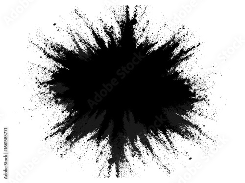 A dramatic burst of fine black powder exploding outward on a clean white background. Abstract ink-splash effect with scattered particles and dynamic energy.