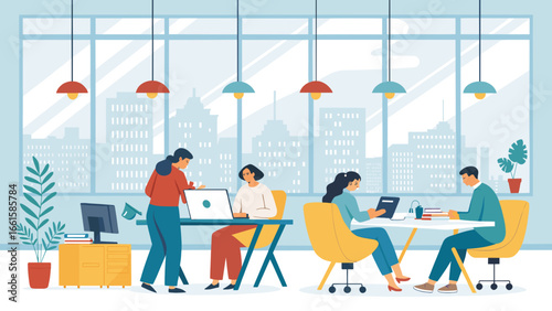 Diverse team collaborating and working diligently in a modern open-plan office with city views, symbolizing productivity and teamwork in a professional business environment.