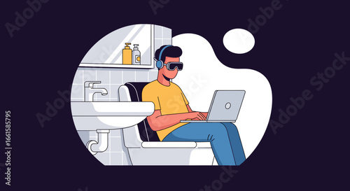 Man using laptop with VR goggles and headphones on a toilet, illustrating remote work challenges and technology's impact on modern lifestyle.