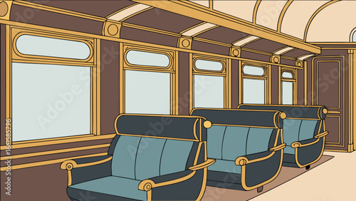Illustration of a train car interior with blue seats and gold trim and large windows and a door and ceiling