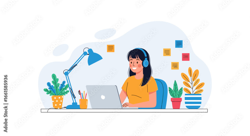 Obraz premium Young woman with headphones happily working on a laptop at a comfortable home office desk with plants. Perfect for remote work, online learning, or digital business.