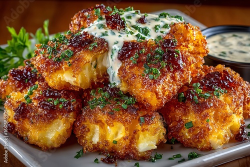 Indulge in crispy fried cauliflower bites with creamy dipping sauce, a modern appetizer for sharing