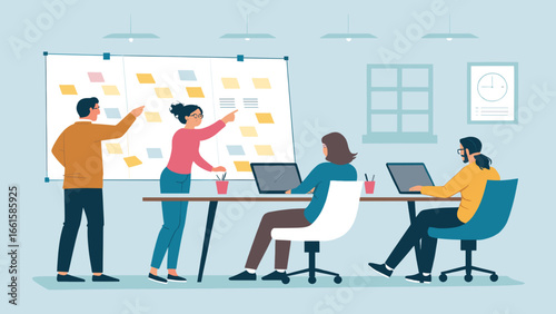 Team collaborating in a modern office, planning and working on a project with sticky notes on a whiteboard. Business meeting, innovation, and creative process.