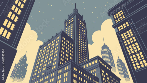View looking up at city skyscrapers with glowing windows and a cloudy night sky in the background