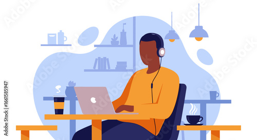 Focused person in headphones works on laptop at a vibrant cafe, representing remote work, online learning, productivity, and modern lifestyle.