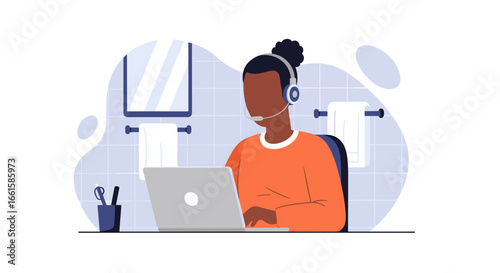 Person wearing a headset works on a laptop in a bathroom. Depicts flexible remote work, virtual meetings, and modern business communication from home. Lifestyle.