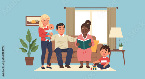 Happy multi-generational family enjoying quality time at home. Grandmother reads, parents bond with baby, and child plays. Represents family values, love, and domestic lifestyle.