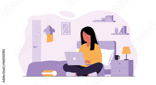 Young woman working from home on her laptop, comfortably sitting on her bed in a cozy bedroom. Represents modern remote work and flexible lifestyle.