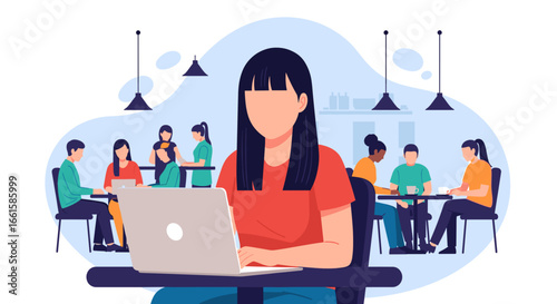 Woman working on laptop in a vibrant cafe setting with diverse people, illustrating remote work, freelance, and modern lifestyle concepts.