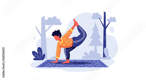 Illustration of a focused person practicing yoga outdoors, achieving balance and flexibility in a serene natural setting. Ideal for wellness, fitness, and healthy lifestyle concepts.