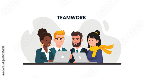 Diverse business team collaborating on a project with laptops, symbolizing unity, partnership, and successful digital work.