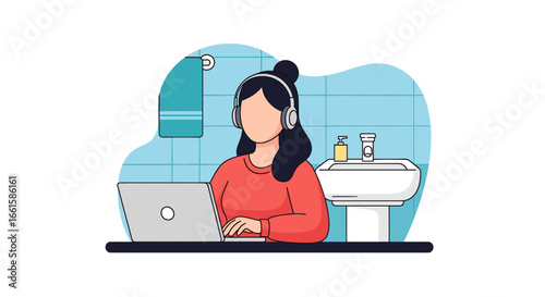 Woman wearing headphones works on a laptop in a bathroom. Represents remote work, flexible hours, or multitasking from home.