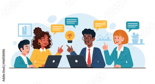 Diverse business team collaborating on innovative ideas during a meeting, fostering communication and growth. Ideal for corporate, startup, or professional development.