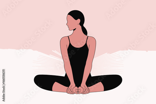 Illustration of person in Butterfly Pose yoga posture on soft pink background, symbolizing flexibility, relaxation, and emotional wellness
