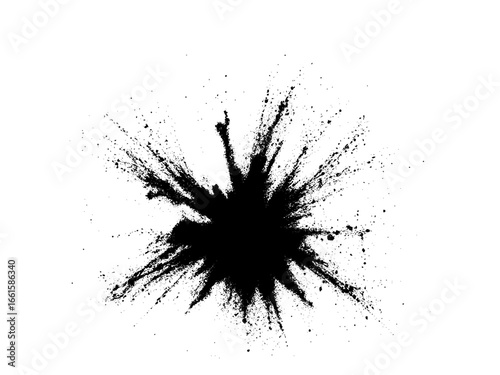 A dramatic burst of fine black powder exploding outward on a clean white background. Abstract ink-splash effect with scattered particles and dynamic energy.