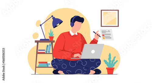 Man working from home with laptop, headphones, and documents. Remote work, online learning, or comfortable freelance lifestyle concept.