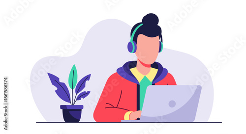 Individual focused on laptop with headphones, ideal for concepts of remote work, online learning, customer support, or digital lifestyle.