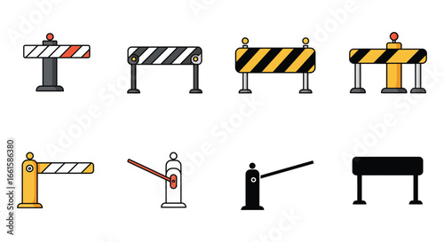 A collection of various barrier gates and road blockers in different designs and colors