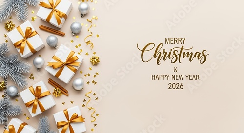 White gift boxes with gold ribbons silver baubles cinnamon sticks gold stars and pine branches arranged on a light background festive holiday decoration