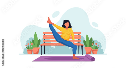 Woman practicing yoga and stretching outdoors on a mat, demonstrating flexibility and balance. Ideal for health, wellness, and active lifestyle content.