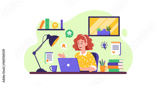 Happy woman working on a laptop at her home office desk, surrounded by tools for learning and creativity. Ideal for remote work, education, or freelance concepts.