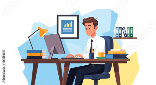 Professional businessman working diligently at his office desk, focused on his computer. Ideal for concepts of productivity, remote work, or corporate tasks.