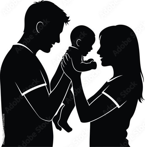 Loving parents gazing at their newborn baby with adoration and happiness