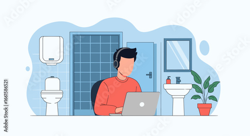 Man wearing headphones and using a laptop in a bathroom, illustrating remote work challenges, flexibility, and unconventional home workspaces.