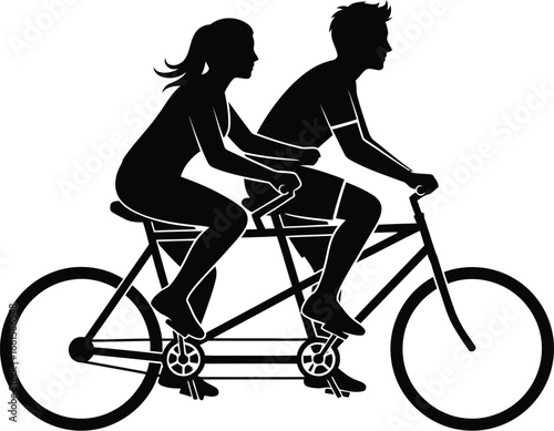 Romantic couple enjoys tandem bicycle ride together in black silhouette