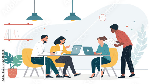 Diverse business team collaborating in a modern office space. Professionals working together on laptops, discussing plans for innovation and success.