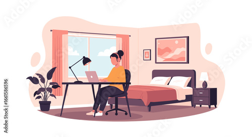 Woman working productively on laptop at home. Remote work, online learning, or freelance lifestyle in a comfortable bedroom setting, illustrating modern flexibility.