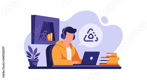 Focused student or professional learning online with laptop and headphones, ideal for remote work, education, or communication concepts.