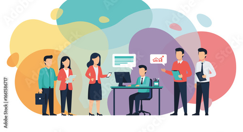 Diverse business team collaborating in a dynamic office setting, illustrating teamwork, communication, and financial growth. Ideal for corporate, success, or strategy concepts.