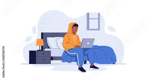 Person in a cozy bedroom setting, sitting comfortably on the bed and working on a laptop. Represents remote work, online learning, or digital lifestyle at home.