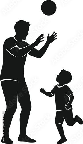 Dad and son playing ball together enjoying quality time outdoors happily