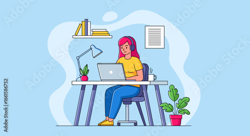 Focused woman in headphones working remotely on a laptop at her home office desk. Ideal for concepts of online education, business, or freelance lifestyle.