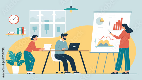 Business team collaborating in a modern office, analyzing data and presenting strategies. Ideal for concepts of teamwork, finance, and professional development.