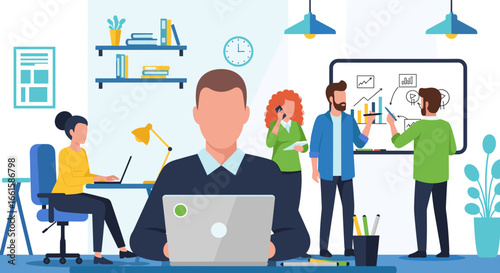 Diverse team collaborating and working diligently in a modern office, showcasing business strategy, communication, and productivity. Ideal for corporate and startup themes.